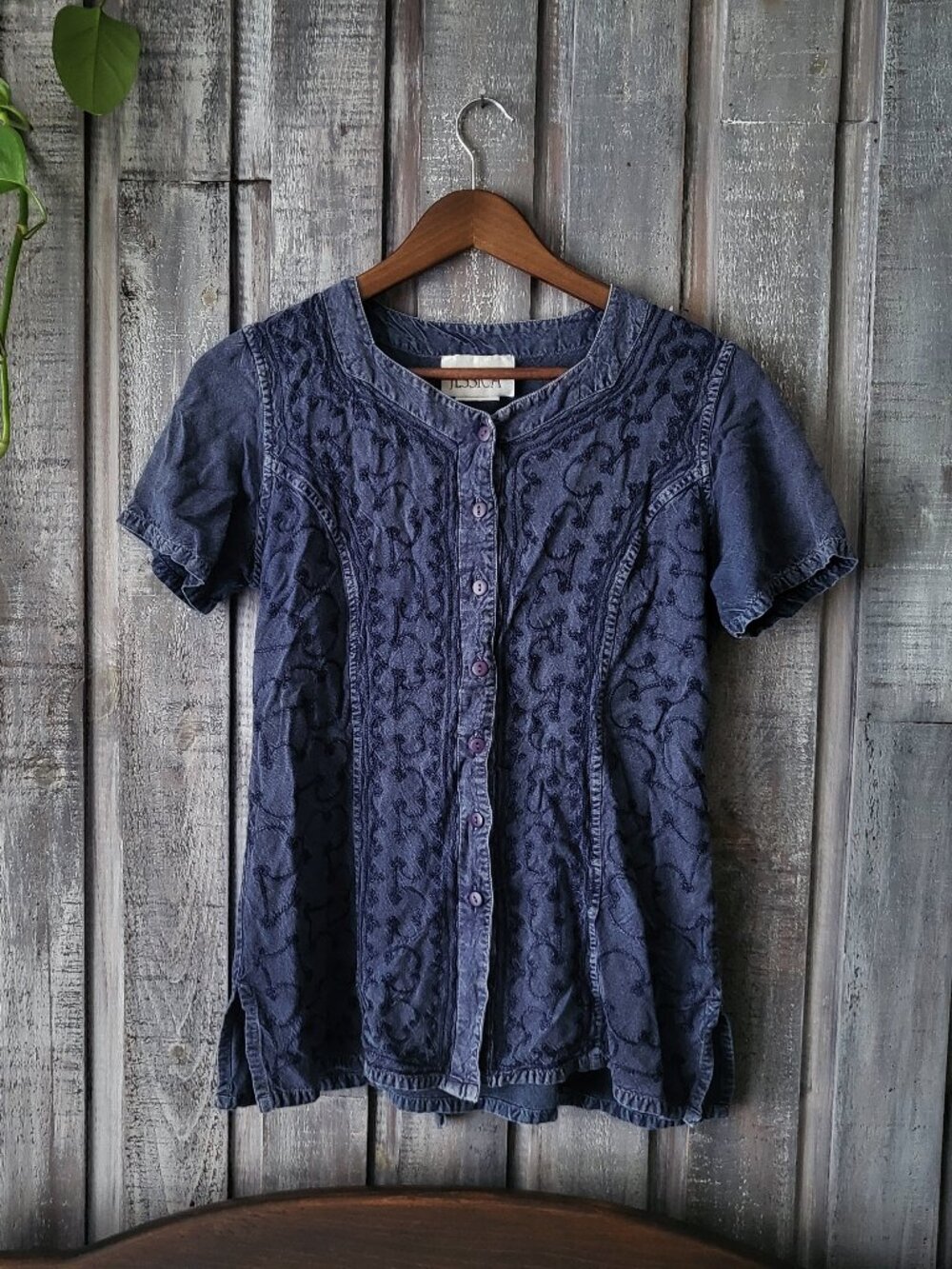 Vintage 90s Jessica Embroidered Rayon Button Up Blouse Top Cottagecore Boho